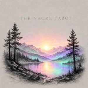 Może przedstawiać: Grafika zatytułowana THE NACRE TAROT przedstawiająca krajobraz jeziora otoczonego górami i sosnami pod niebem o zachodzie słońca z pastelowymi odcieniami różu, fioletu i błękitu odbijającymi się w tafli wody z kamienistym pierwszym planem.