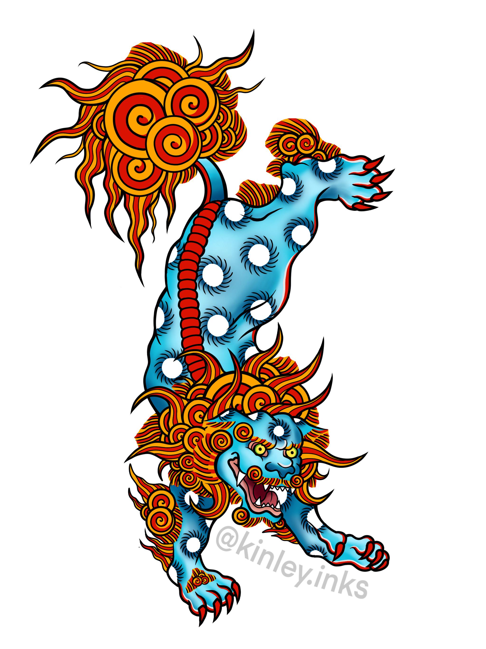 Japanese Traditional Irezumi Tattoo Flash Foo Dog Water Bottle Laptop Keyboard Sticker