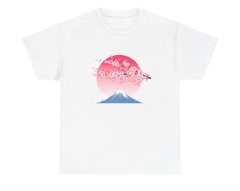 Japanese Sakura Mount Fuji T-Shirt, Cherry Blossom Tee, Unisex Cotton Shirt, Japan Mountain Top, Spring Floral Top, Nature Lover Tee