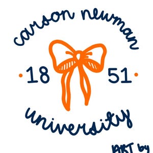 May include: A blue and orange logo for Carson Newman University. The logo features a large orange bow with a circle around it that says "Carson Newman University" in blue cursive writing. The numbers "18" and "51" are on either side of the bow. The text "ART by ELLAJEAN" is at the bottom of the image.