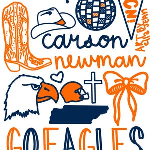 May include: Orange and blue graphic design with the text "talons up!" and "GO EAGLES".  The design also includes a cowboy hat, a boot, a football helmet, a cross, a bow, a disco ball, a heart, and a silhouette of the state of Tennessee.