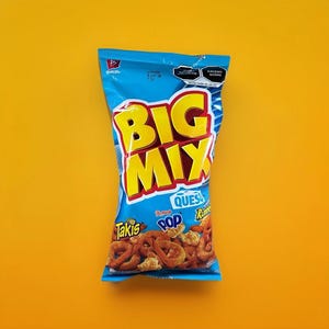 May include: A blue bag of "Big Mix" snacks against a yellow background. The bag features the words "Big Mix" in large yellow letters with red accents. The bag contains Takis, Pop, Queso, and Ranch flavored snacks.