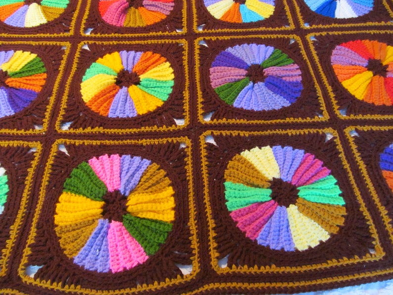 Multi Color Circles on Brown Background Vintage Patchwork Afghan