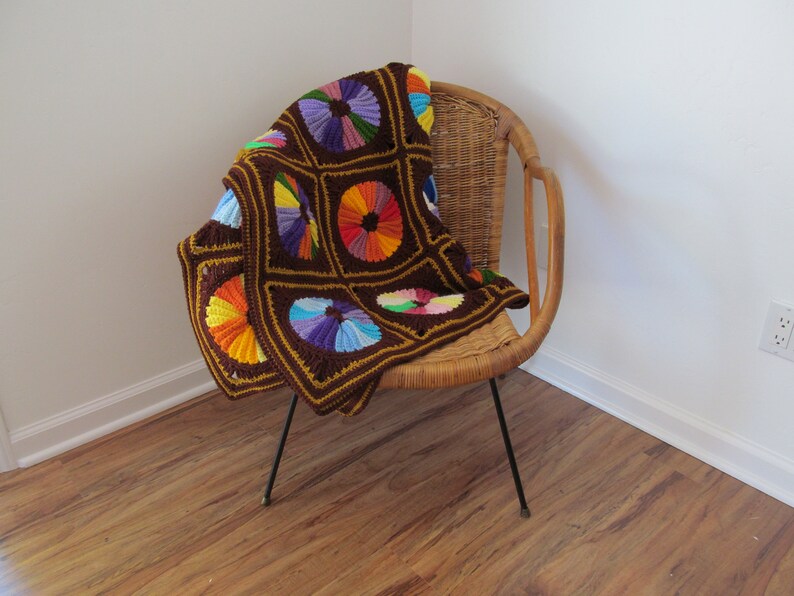 Multi Color Circles on Brown Background Vintage Patchwork Afghan