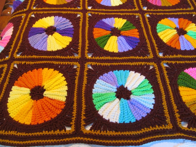 Multi Color Circles on Brown Background Vintage Patchwork Afghan