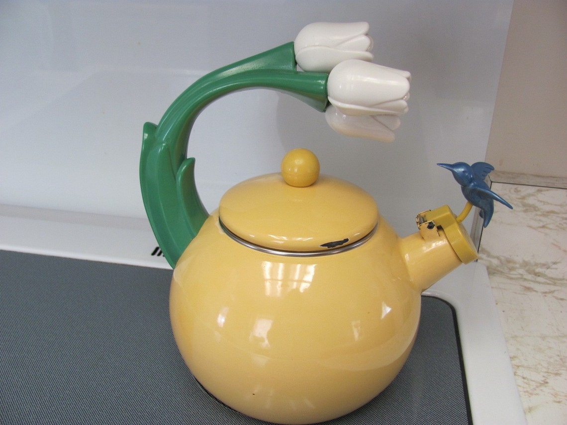 Vintage Yellow Whistling Tea Kettle Tulip Handle Blue Bird on Etsy