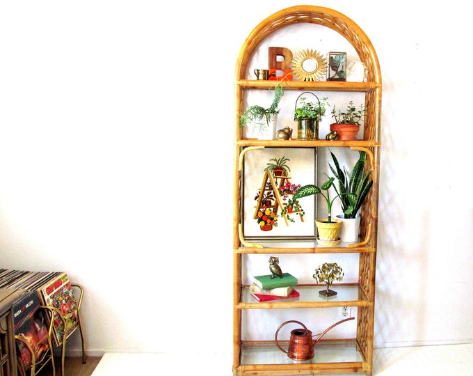 Vintage Rattan Etagere With Glass Shelves and Arch Top Etsy