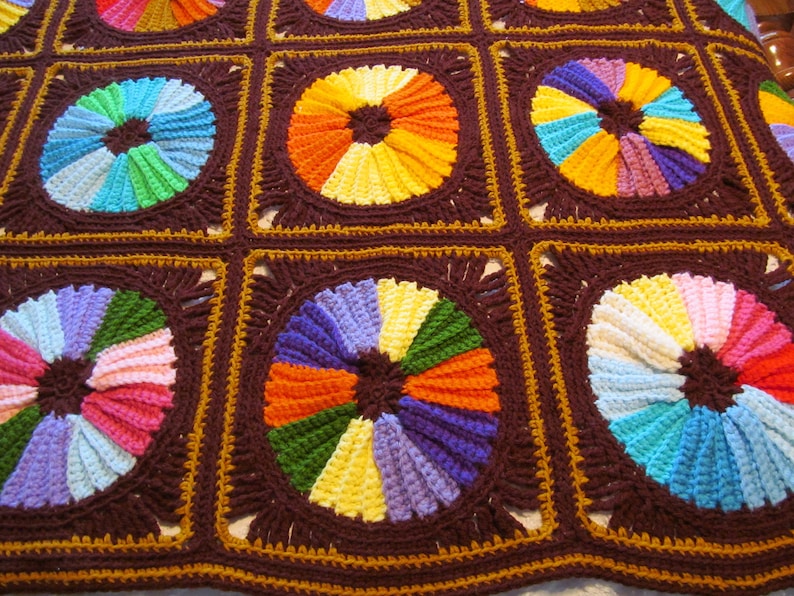 Multi Color Circles on Brown Background Vintage Patchwork Afghan