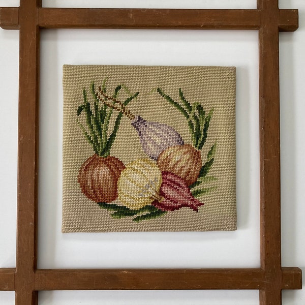 Vintage Needlepoint Still Life Variety of Root Vegetables Colorful Onions