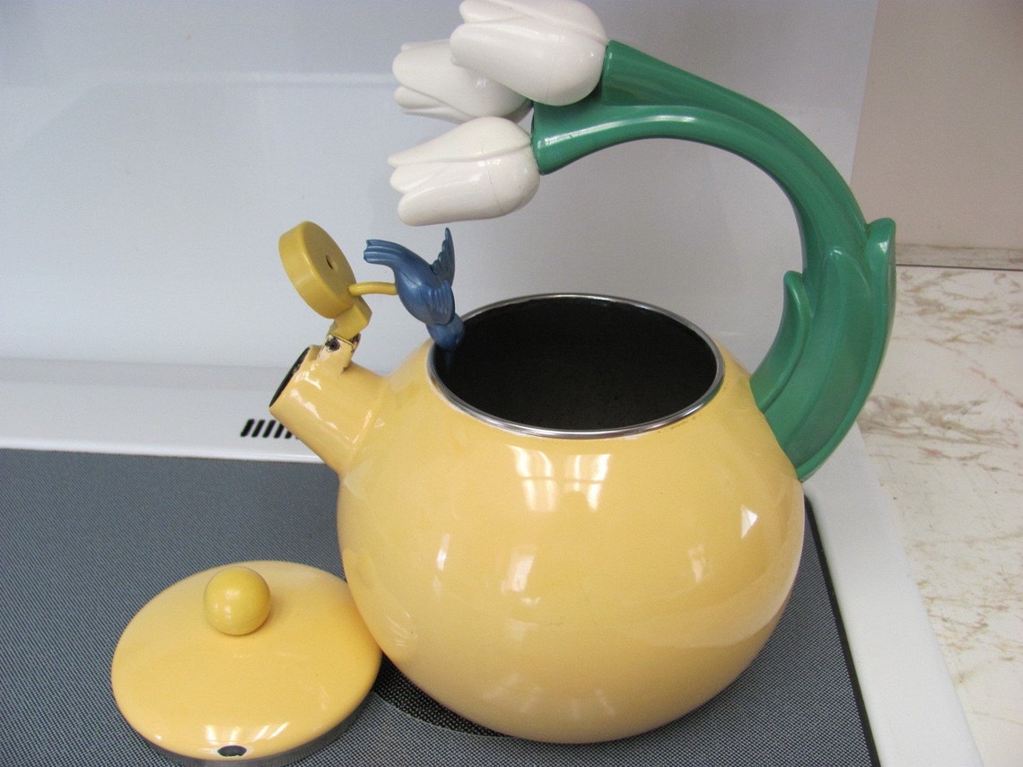 Vintage Yellow Whistling Tea Kettle Tulip Handle Blue Bird on Etsy
