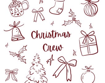 Christmas Crew PNG Bundle | Red & Green Line Art Holiday Doodles | Christmas Design | Retro Christmas Clipart | Instant Download
