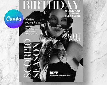 Editable Magazine Cover Birthday Invitation | Canva Template | Modern Vogue Style Party Invite | Birthday Keepsake | Instant Download
