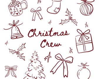 Christmas Crew PNG Bundle | Red & Green Line Art Holiday Doodles | Festive Design | Retro Christmas Clipart | Instant Download