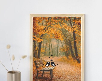 Lovebirds Autumn Forest Print | Romantic Woodland Scene (Digital Download)