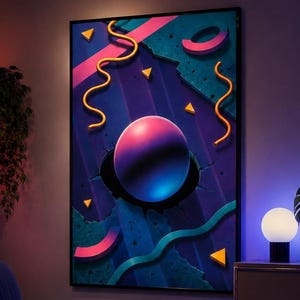 May include: A rectangular wall art piece featuring a central glowing sphere emerging from a dark, cracked surface. The composition includes abstract yellow squiggly lines, pink curved shapes, and small yellow triangles against a deep blue background.