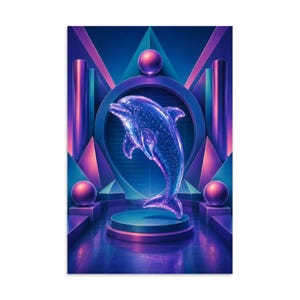 May include: A translucent, purple-tinted dolphin sculpture with a sparkling, bubble-like texture, positioned centrally on a circular platform. The background features geometric shapes, pillars, and spheres in shades of blue and magenta.