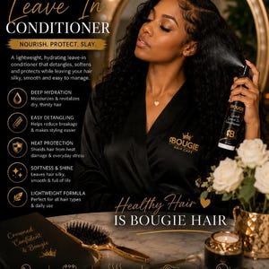 May include: A black spray bottle of Bougie Lavish Leave In Conditioner with gold text. The label features the brand name, product name, and benefits including deep hydration, easy detangling, heat protection, softness, shine, and a lightweight formula.