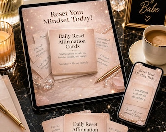 May include: A set of Daily Reset Affirmation Cards with a rose gold gradient background. The cards feature text including 'Daily Reset Affirmation Cards', '30 affirmations to help you breathe, release, and realign', and 'Printable + Phone Friendly'.