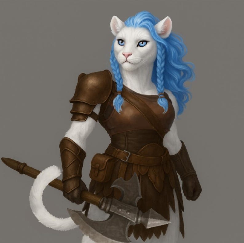 Puede incluir: Ilustraci&oacute;n de un personaje felino blanco antropom&oacute;rfico con cabello trenzado azul, vistiendo una armadura de cuero marr&oacute;n y empu&ntilde;ando un hacha de guerra. El personaje tiene ojos azules y una cola blanca. Tema de fantas&iacute;a.