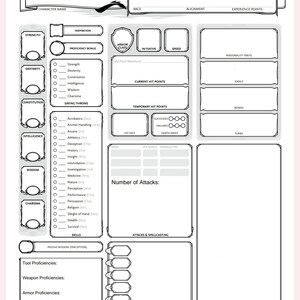 Puede incluir: Una hoja de personaje en blanco de Dungeons & Dragons con un dise&ntilde;o en blanco y negro. La hoja incluye secciones para el nombre del personaje, estad&iacute;sticas, habilidades y equipo. El logotipo de Dungeons & Dragons est&aacute; en la parte superior.