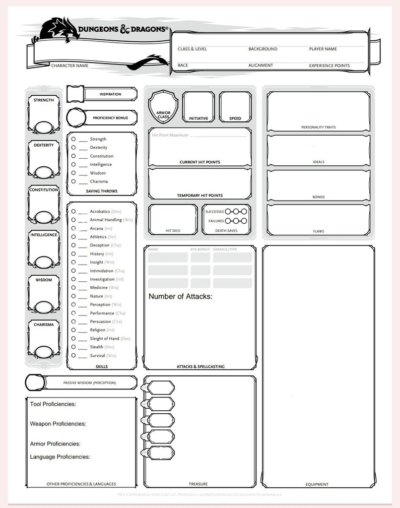 Puede incluir: Una hoja de personaje en blanco de Dungeons & Dragons con un dise&ntilde;o en blanco y negro. La hoja incluye secciones para el nombre del personaje, estad&iacute;sticas, habilidades y equipo. El logotipo de Dungeons & Dragons est&aacute; en la parte superior.