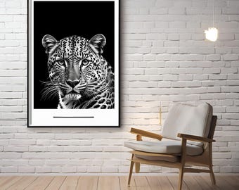 Leopard Wall Art, Black and White Leopard Illustration, Minimalist Wildlife Digital Print, Modern African Decor, Black and White Animal