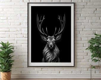 Muurdecoratie met hert, zwart-wit print van een hert (digitale download)