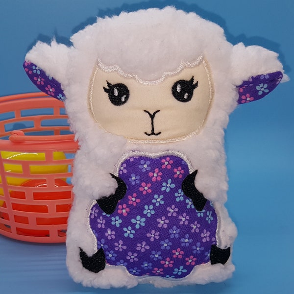 Soft stuffed sheep with purple flower print featured in tummy accent fabric
