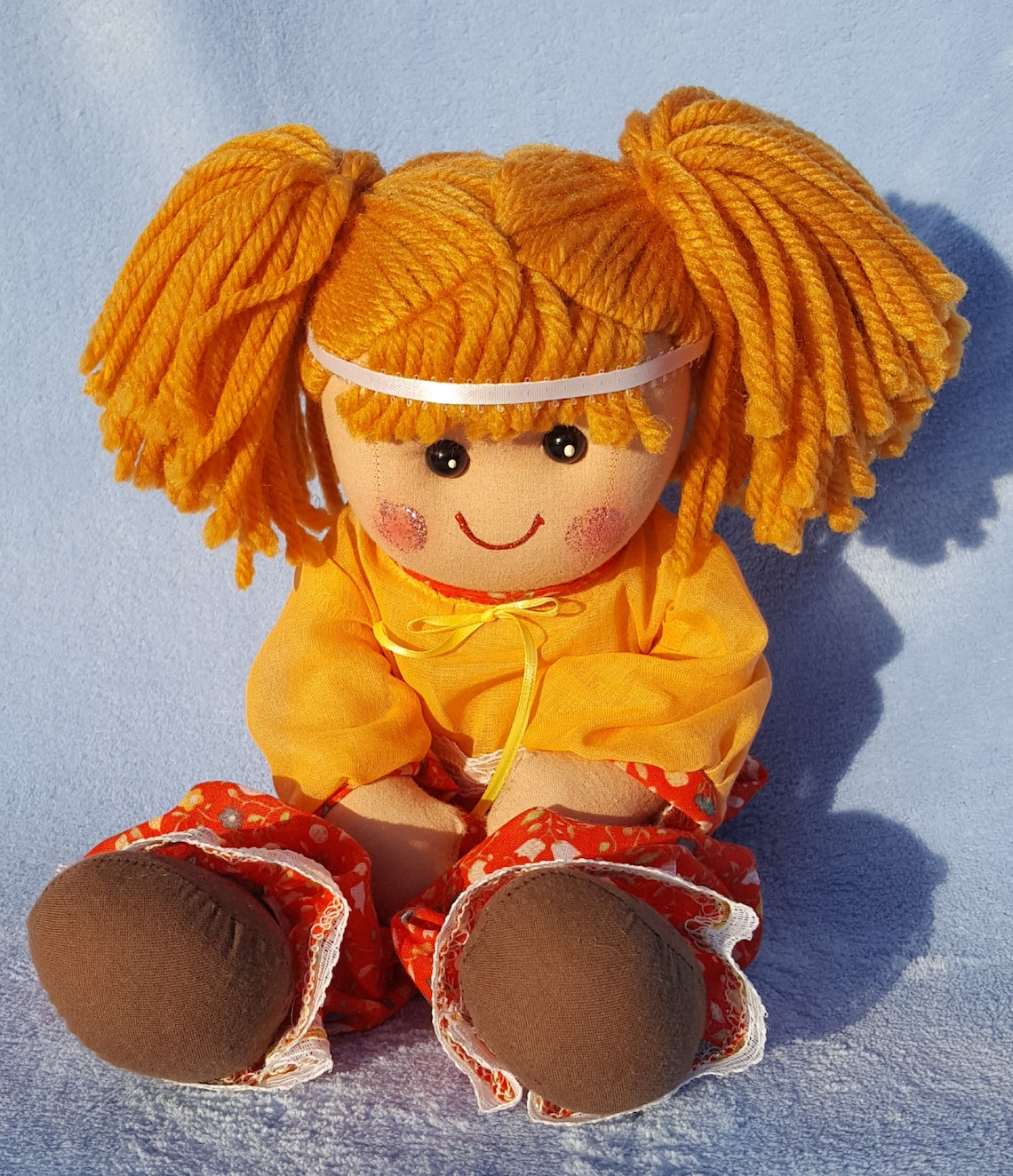 Cloth Doll With Golden Yellow Yarn Hair Wearing an Orange Etsy