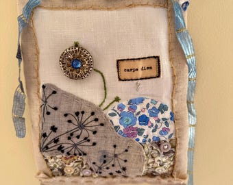 Dekoracja ścienna Slow Stitch z ozdobami w stylu vintage, haft ręczny