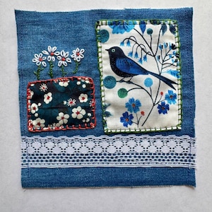 Toppa ricamata in denim, Liberty of London e tessuto di cotone biologico, da cucire, con possibilità di riparazione a vista.