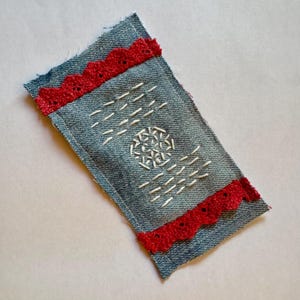 Sashiko Denim Patch: Hand Embroidered, Crocheted Lace Embellishment
