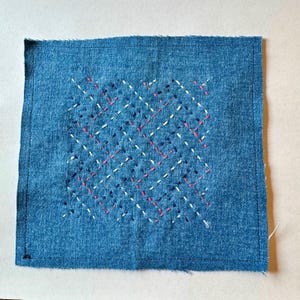 Puede incluir: Un cuadrado de mezclilla azul con bordados blancos, rosados y azules en un patrón geométrico.