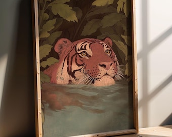 Vintage Tiger Swimming Art Print: Boho Jungle Wall Decor (Digital Download)