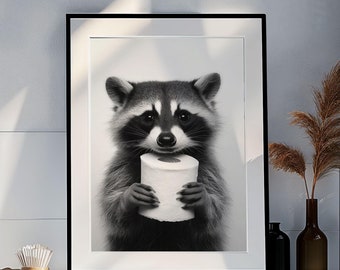 Raccoon animal bathroom poster. Art bathroom wall decor. Digital downloadable.