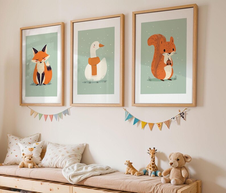 Set of 3 Nursery Animal Prints. Printable Woodland Animals. Squirrel ...