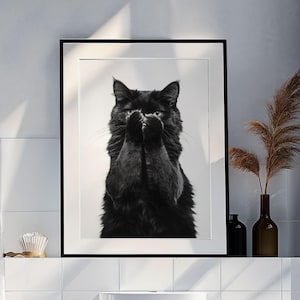 Funny cat bathroom art. Black cat peeking. Toilet humor. Printable wall art.