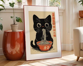 Kitten Ramen Art Print: Japanese Black Cat Wall Decor (Digital Download)