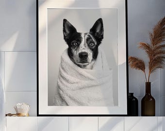 Funny Blue Heeler Bathroom Print: Dog in Towel (Digital Download)