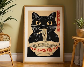 Impresión retro de ramen de gato negro: ilustración de estilo japonés (descarga digital)
