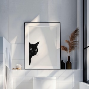 Funny cat poster. Black cat peeking. Funny bathroom art. Toilet humor. Printable wall art.