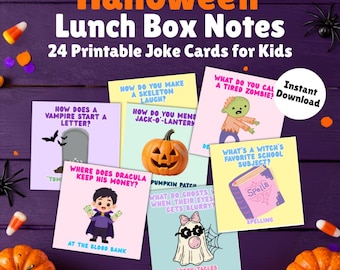 Halloween Lunch Box Notes, Printable Halloween Joke Cards for Kids, Cute Lunchbox Notes, Instant Download, 24 Lunchbox Cards