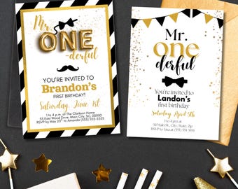 Editable Mr. ONEderful Birthday Invitation with TWO designs, 1st Birthday Party Invite Canva Template, Digital Download, Canva Template