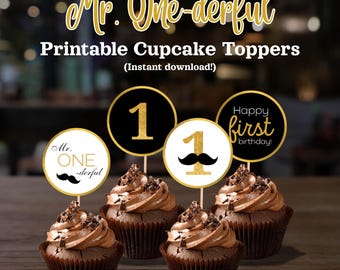 Mr Onederful Cupcake Toppers Instant Download Printable, First Birthday Party, Cupcakes Topper, Digital Download