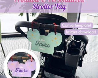 Instant Download Mickey-Inspired Stroller Tag Template, Editable Stroller Name Tag, Printable Park Accessory, Instant Download via Canva