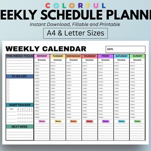 Weekly Schedule Planner PDF | Hourly Planner A4 and Letter | Printable Weekly Organizer | Black & White and Color | To Do List Habit Tracker