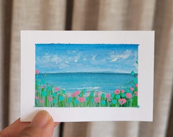 Ocean View ACEO Original Art, Floral Seascape Acrylic Painting, OOAK Artist Trading Card