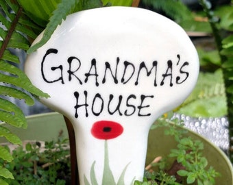 Grandma's house ceramic handmade plant marker.
