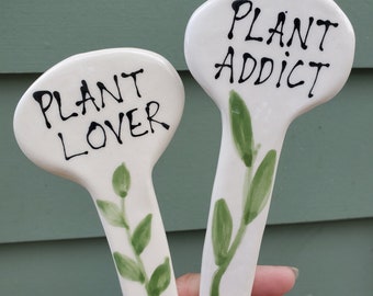 Plant Lover Addict Garden Markers: Glazed Clay Plant Labels (Set of 2)