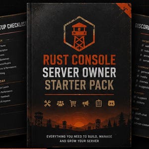 Puede incluir: Un paquete de inicio digital para propietarios de servidores de Rust Console, que incluye un libro guía central, lista de verificación de configuración, guía de diseño de Discord, plantillas de reglas, guía de equilibrio de kits y anuncios en naranja y negro.